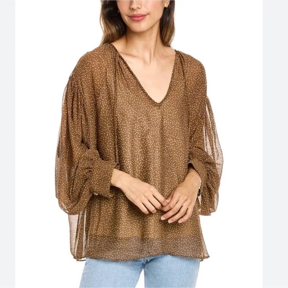 Vince Starry Dot Shirred-Neck Sheer Blouse Top Brown V801012599 Womens Large NWT